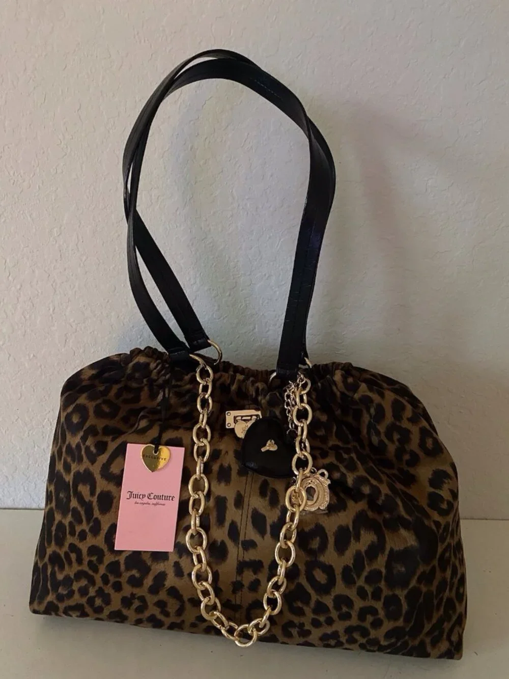 Juicy Couture Fashionable Juicy Tote Bag In Natural Leopard W/Chain Charm VIRAL
